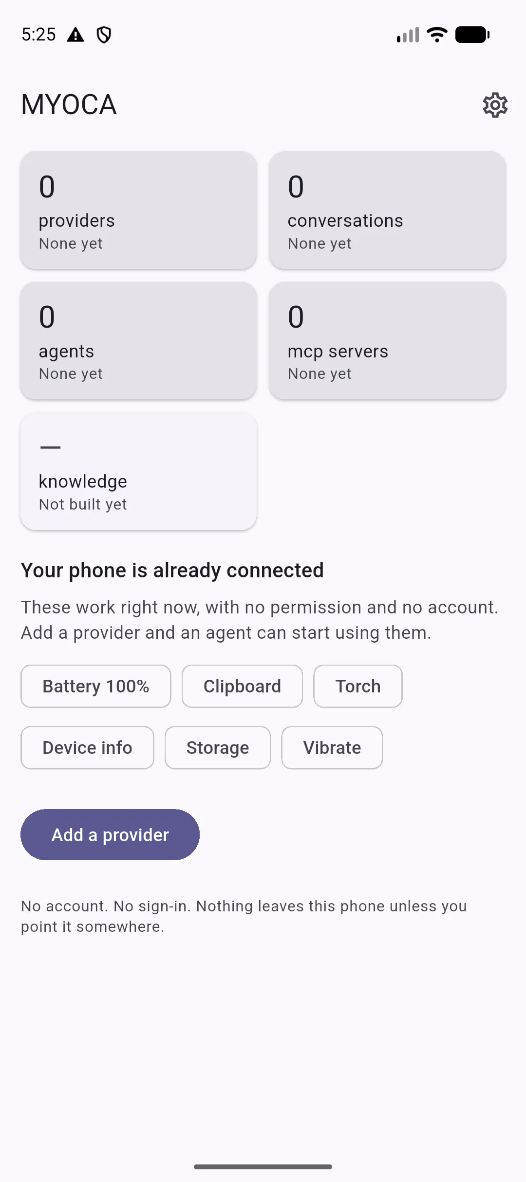 MYOCA dashboard showing zero providers, agents and MCP servers, with local device tools already available