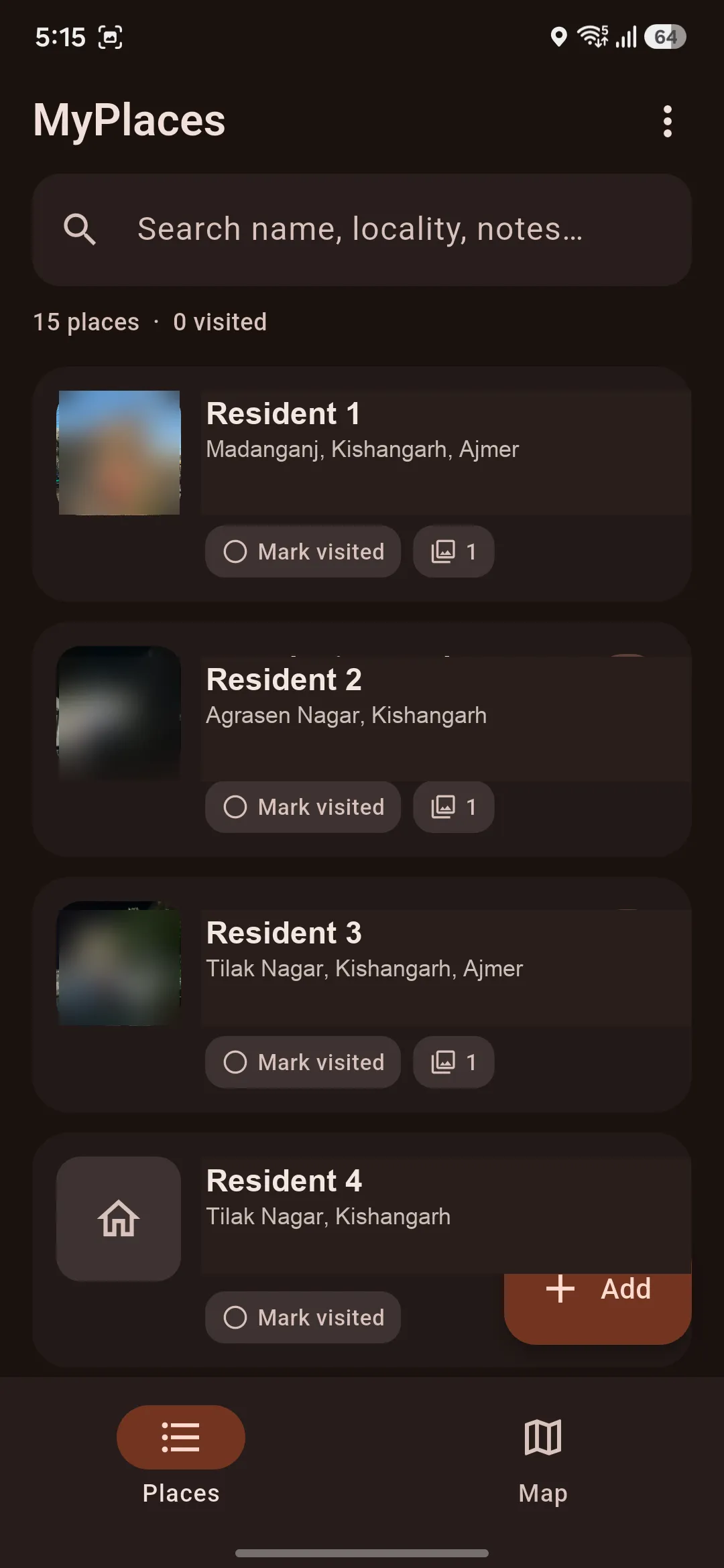 MyPlaces list of fifteen recorded houses with photos and plus-code locations