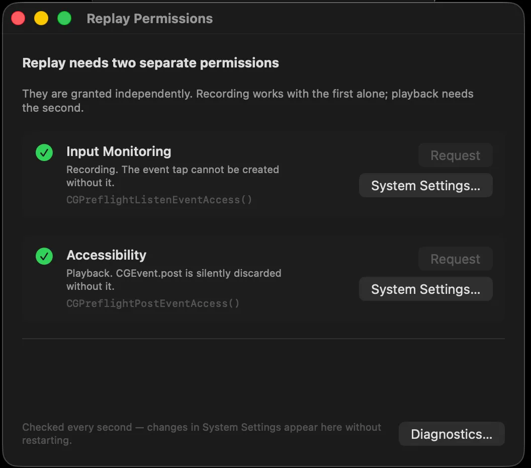 Replay permissions panel showing Input Monitoring and Accessibility both granted, checked every second