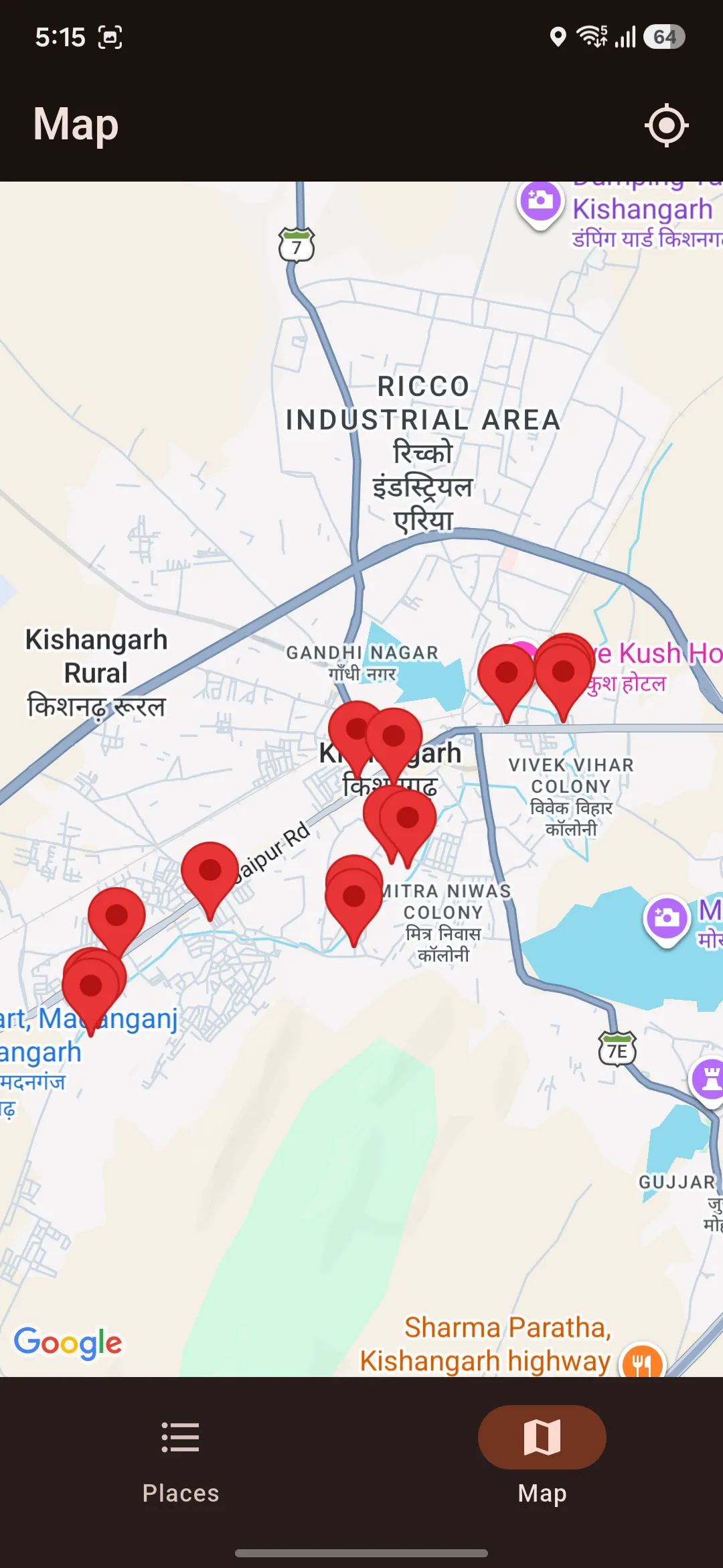 A map of Kishangarh with pins marking every recorded house