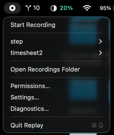 Replay menu bar dropdown listing two saved recordings ready to play back