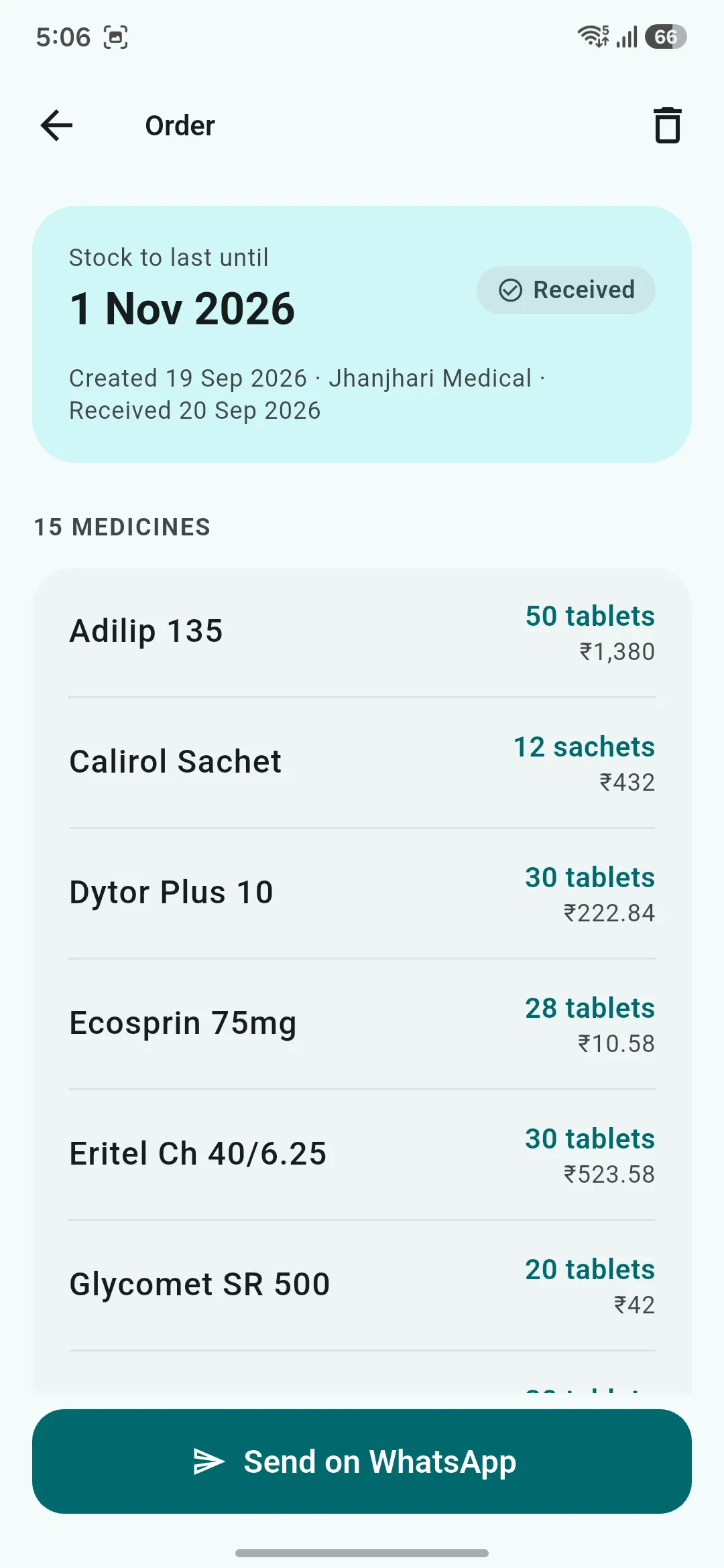 A received order in Medstock listing fifteen medicines with per-item cost