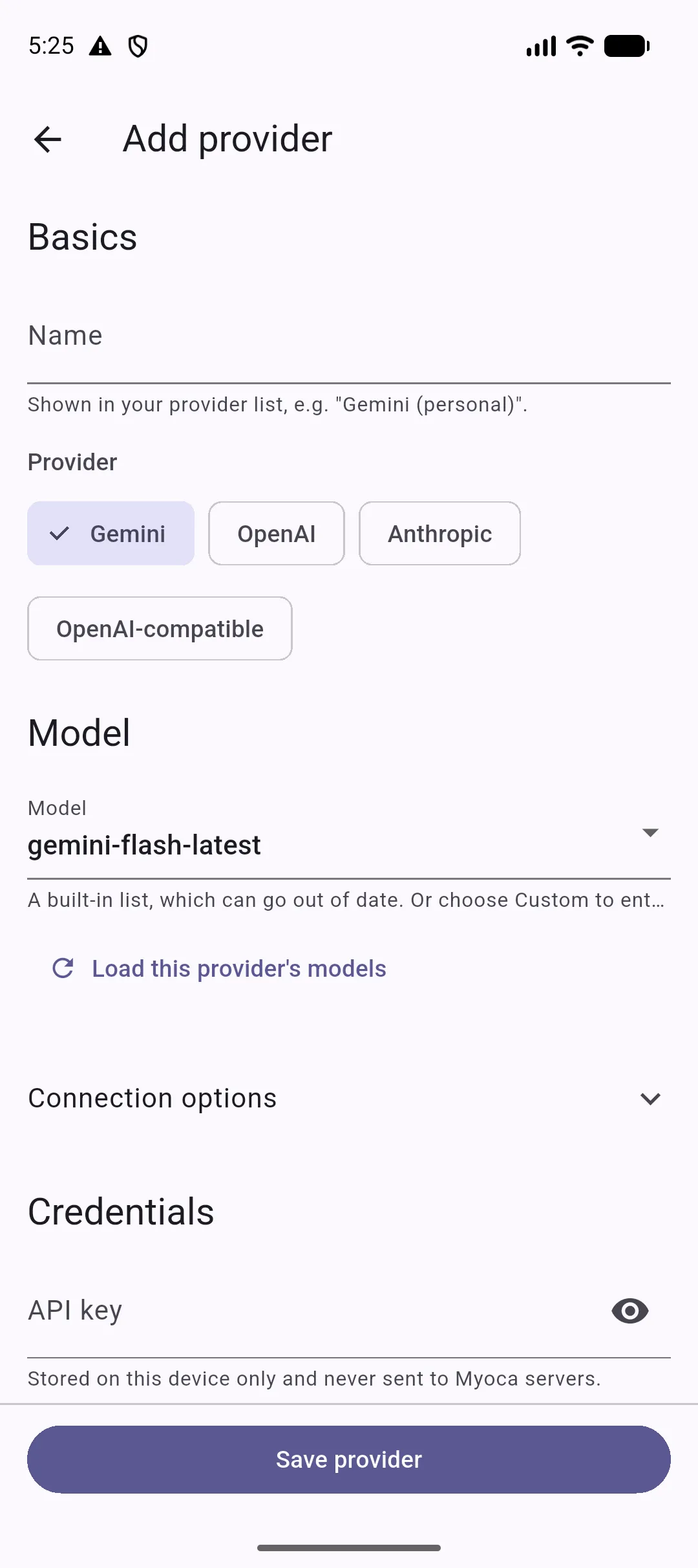 Add provider screen with Gemini, OpenAI, Anthropic and OpenAI-compatible options, and a note that the API key never leaves the device