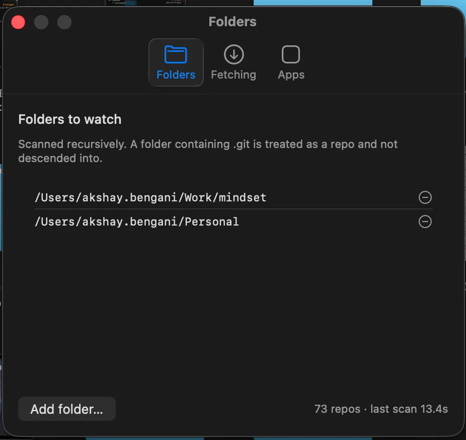 GitGlance folder settings showing two watched root directories