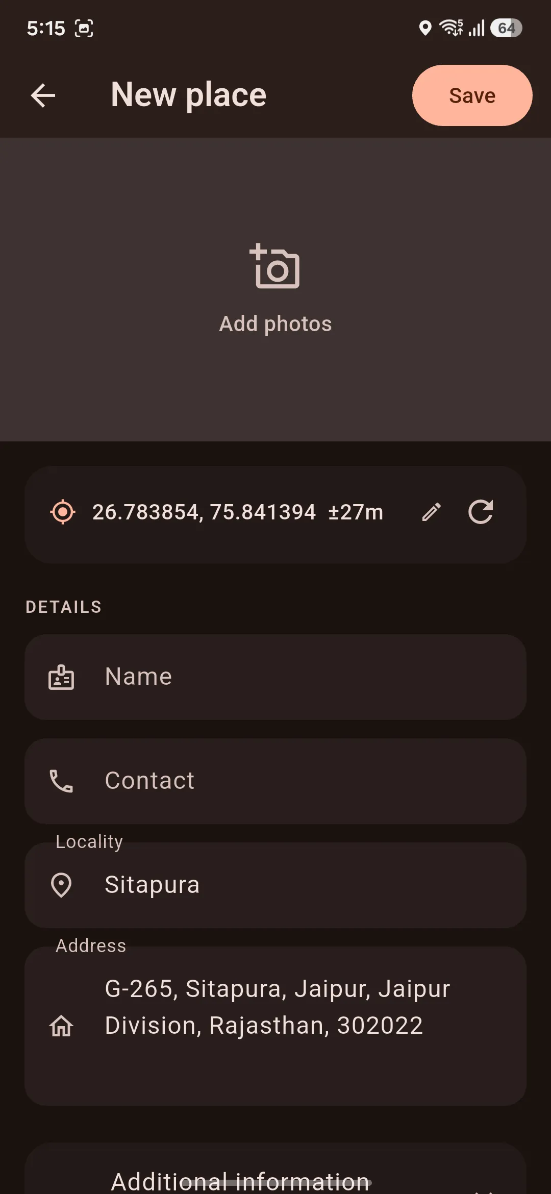 The new place form with GPS coordinates already captured and address reverse-geocoded