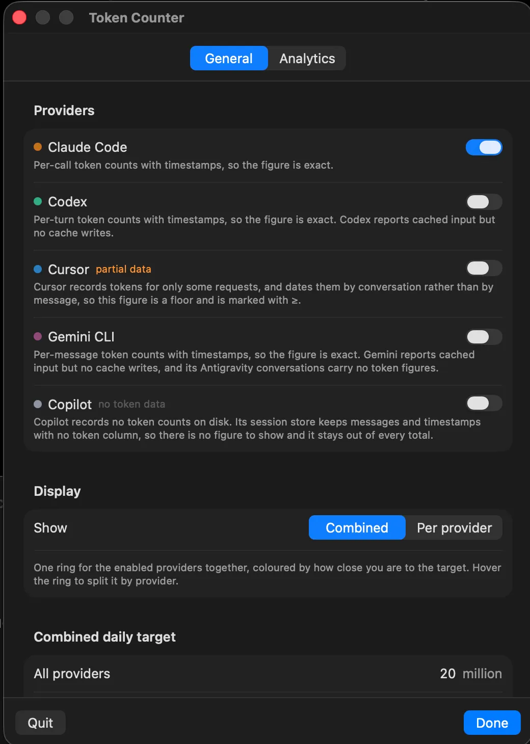 Settings panel listing five providers with per-provider notes on what each one actually reports